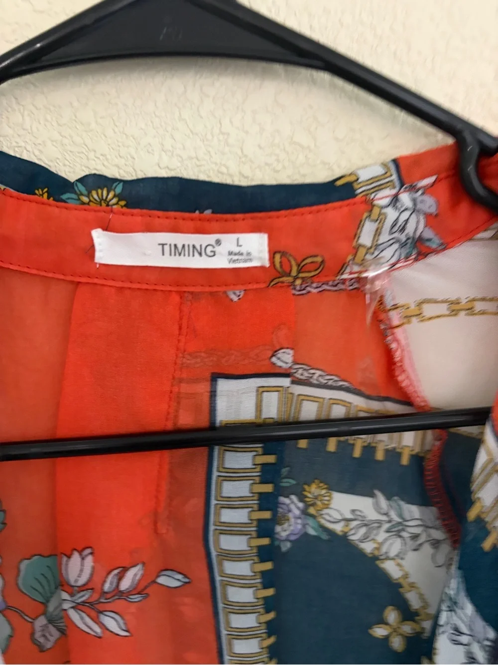 Timing Floral Chain-Print Tie-Front Sheer Blouse - Orange, Green, Cream